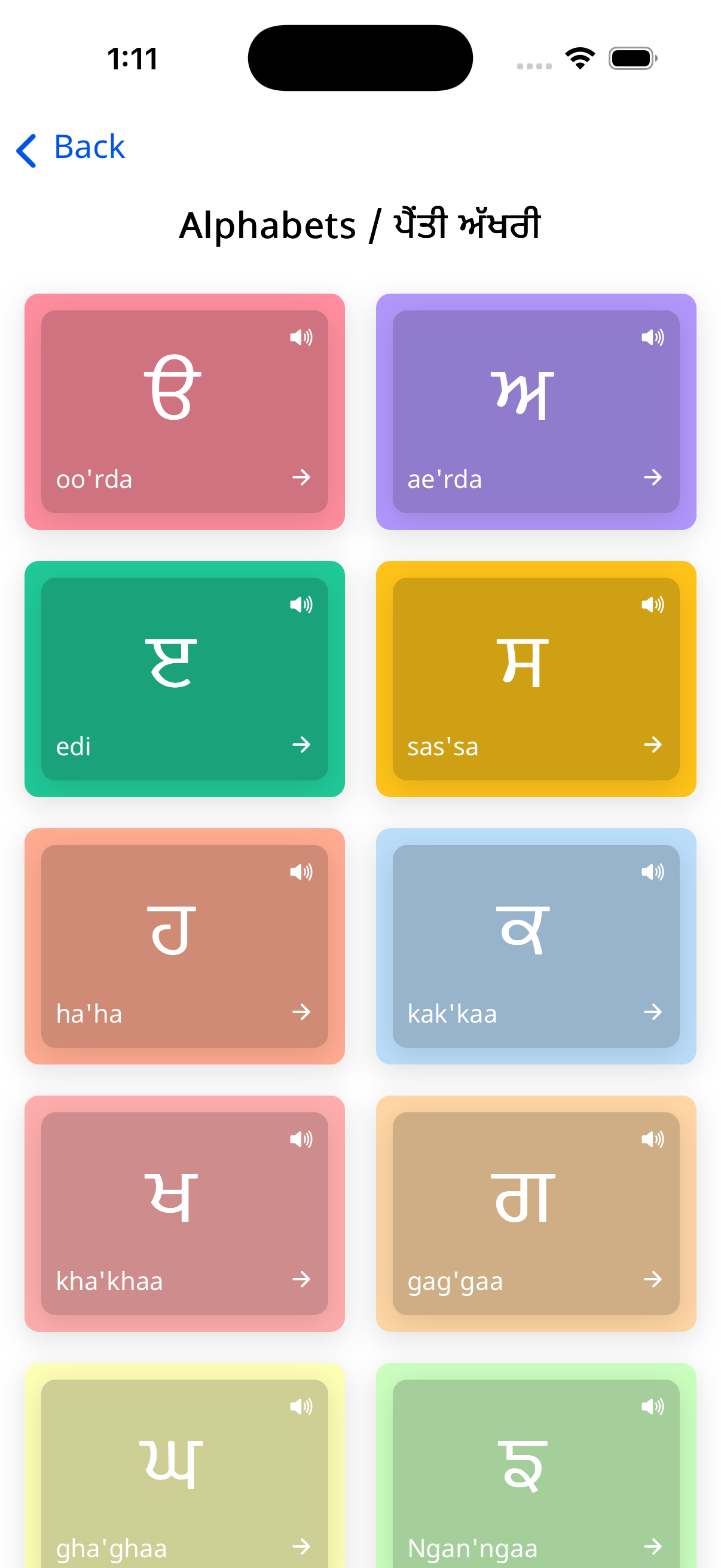 Gurmukhi Alphabet Soundboard Screen